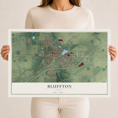 Map of Bluffton, Ohio, 12 x 18 inch unframed archival matte print