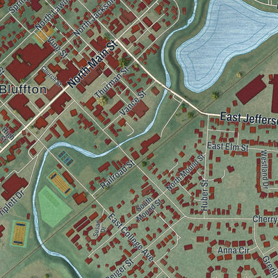 Close-up of the map of Bluffton, Ohio print showing street and building detail