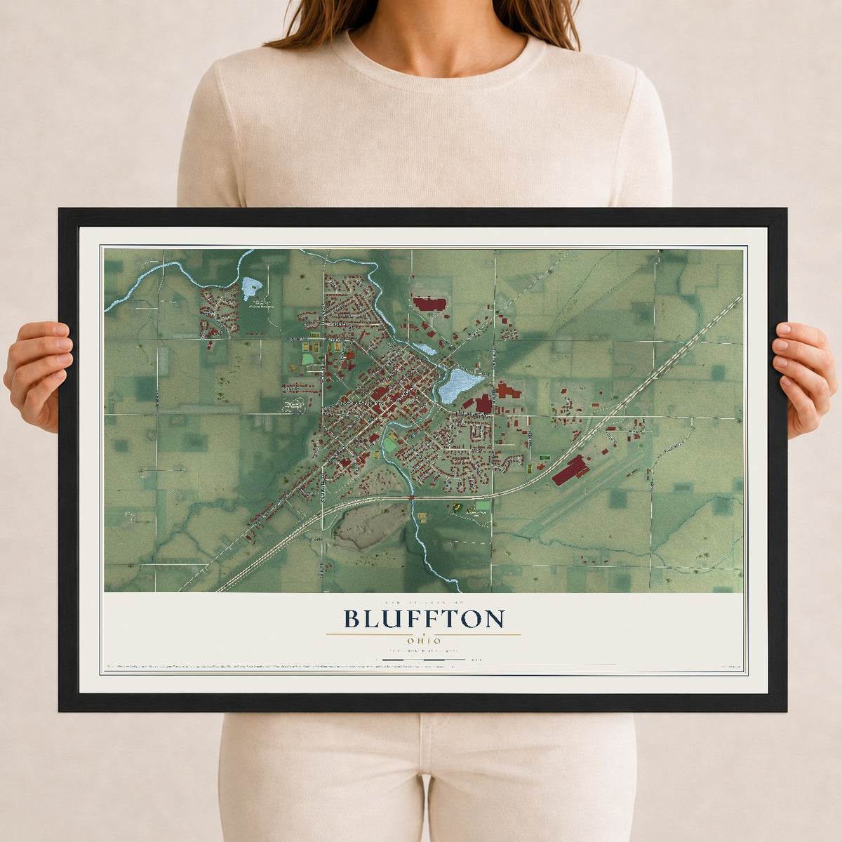 Map of Bluffton, Ohio, 12 x 18 inch print in a black wood frame