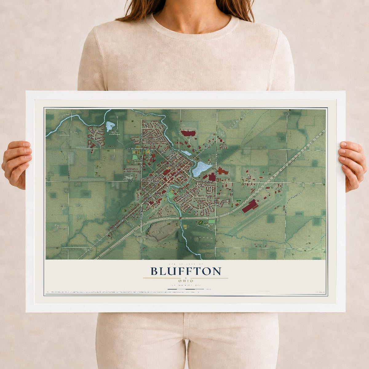 Map of Bluffton, Ohio, 12 x 18 inch print in a white wood frame