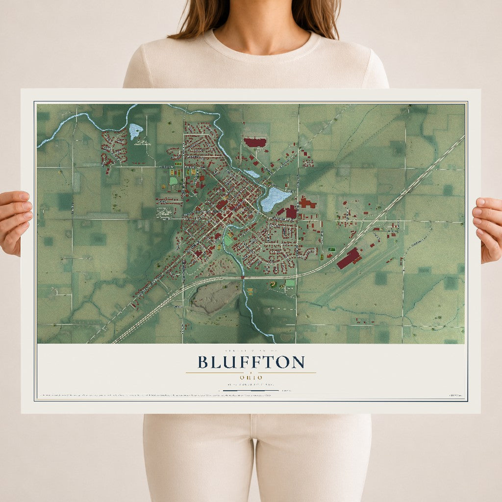Map of Bluffton, Ohio, 18 x 24 inch unframed archival matte print