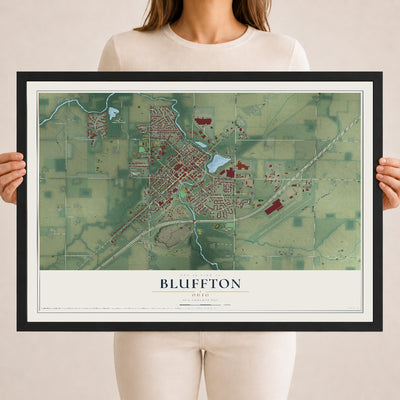 Map of Bluffton, Ohio, 18 x 24 inch print in a black wood frame