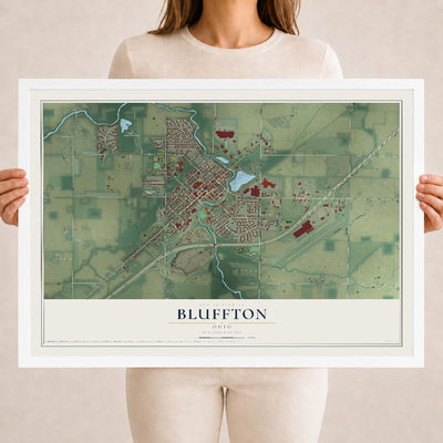 Map of Bluffton, Ohio, 18 x 24 inch print in a white wood frame