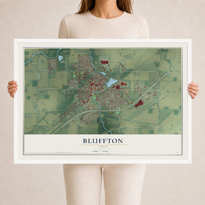 Map of Bluffton, Ohio, 24 x 36 inch print in a white wood frame