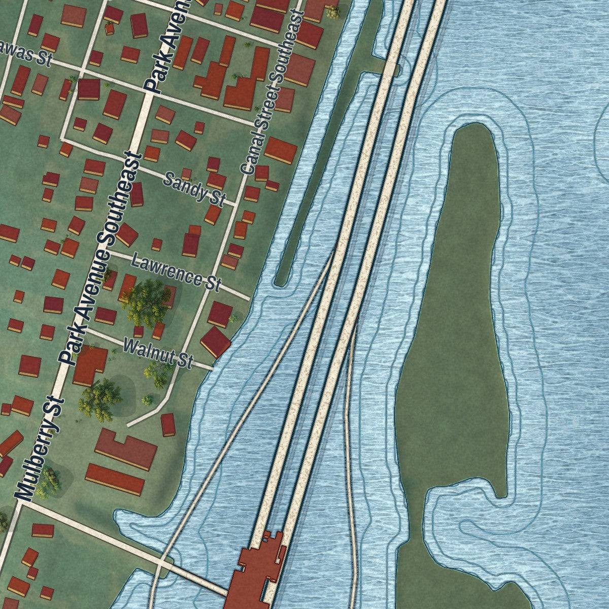 Close-up of the map of Bolivar, Ohio print showing street and building detail