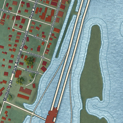Close-up of the map of Bolivar, Ohio print showing street and building detail