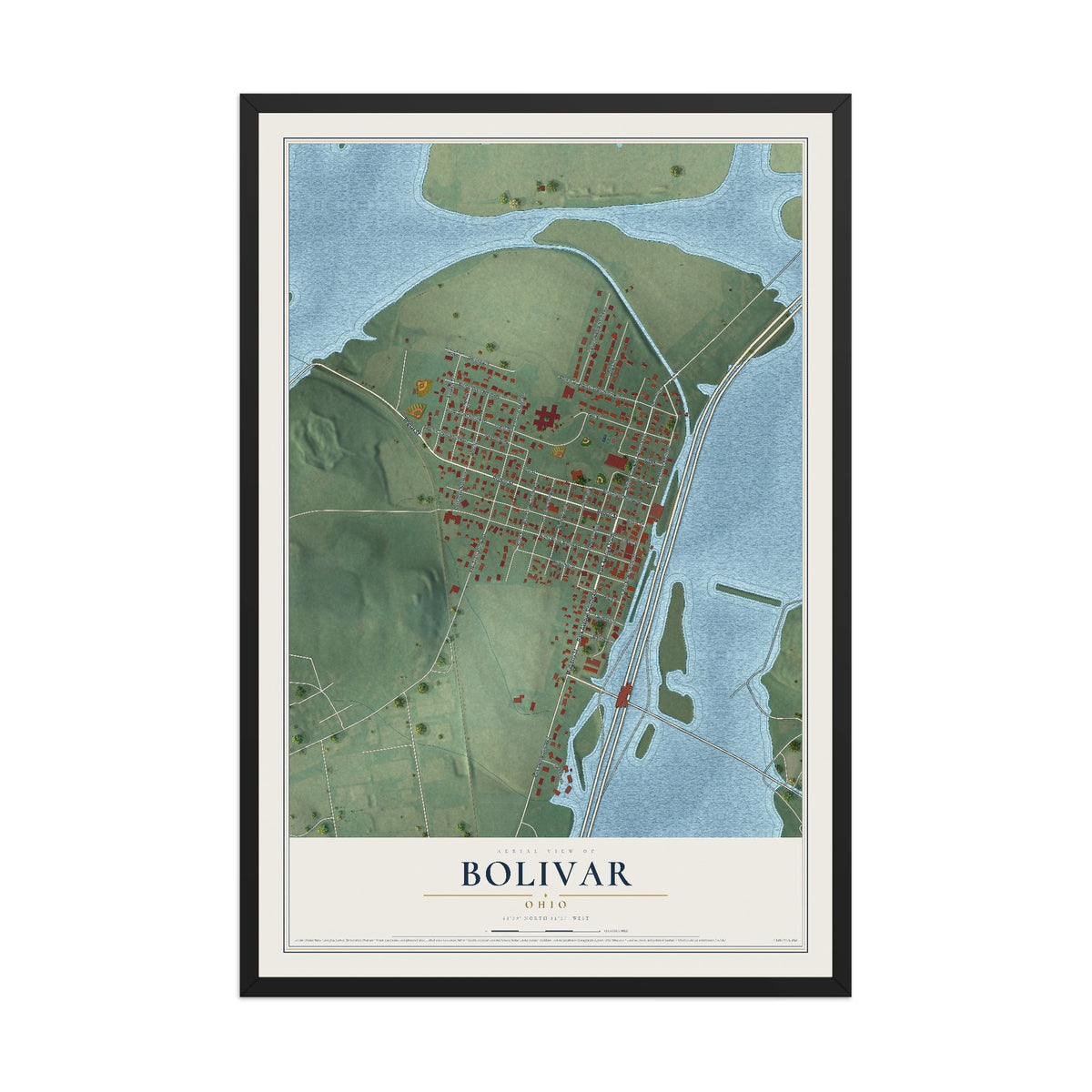Map of Bolivar, Ohio, 12 x 18 inch print in a black wood frame