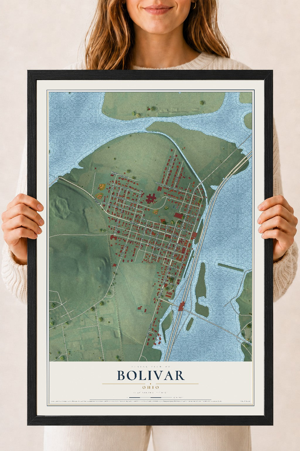 Map of Bolivar, Ohio, 18 x 24 inch print in a black wood frame