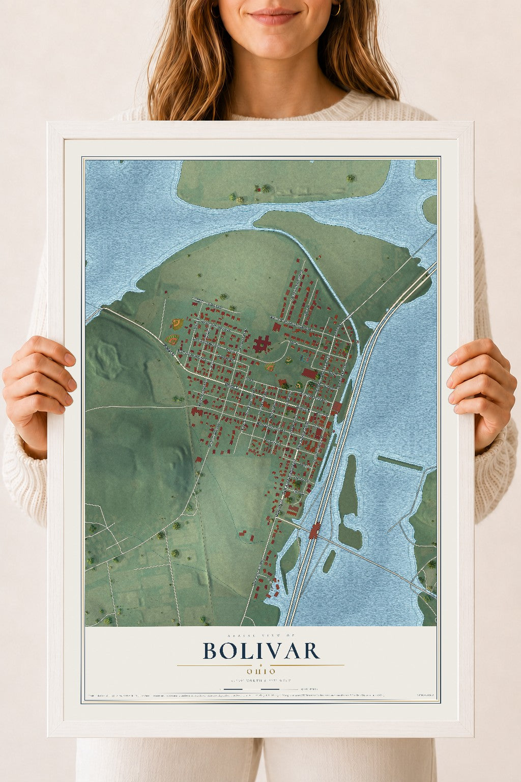 Map of Bolivar, Ohio, 18 x 24 inch print in a white wood frame