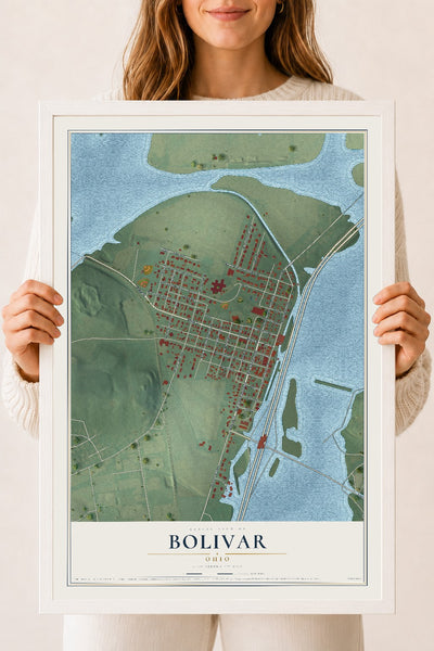 Map of Bolivar, Ohio, 18 x 24 inch print in a white wood frame