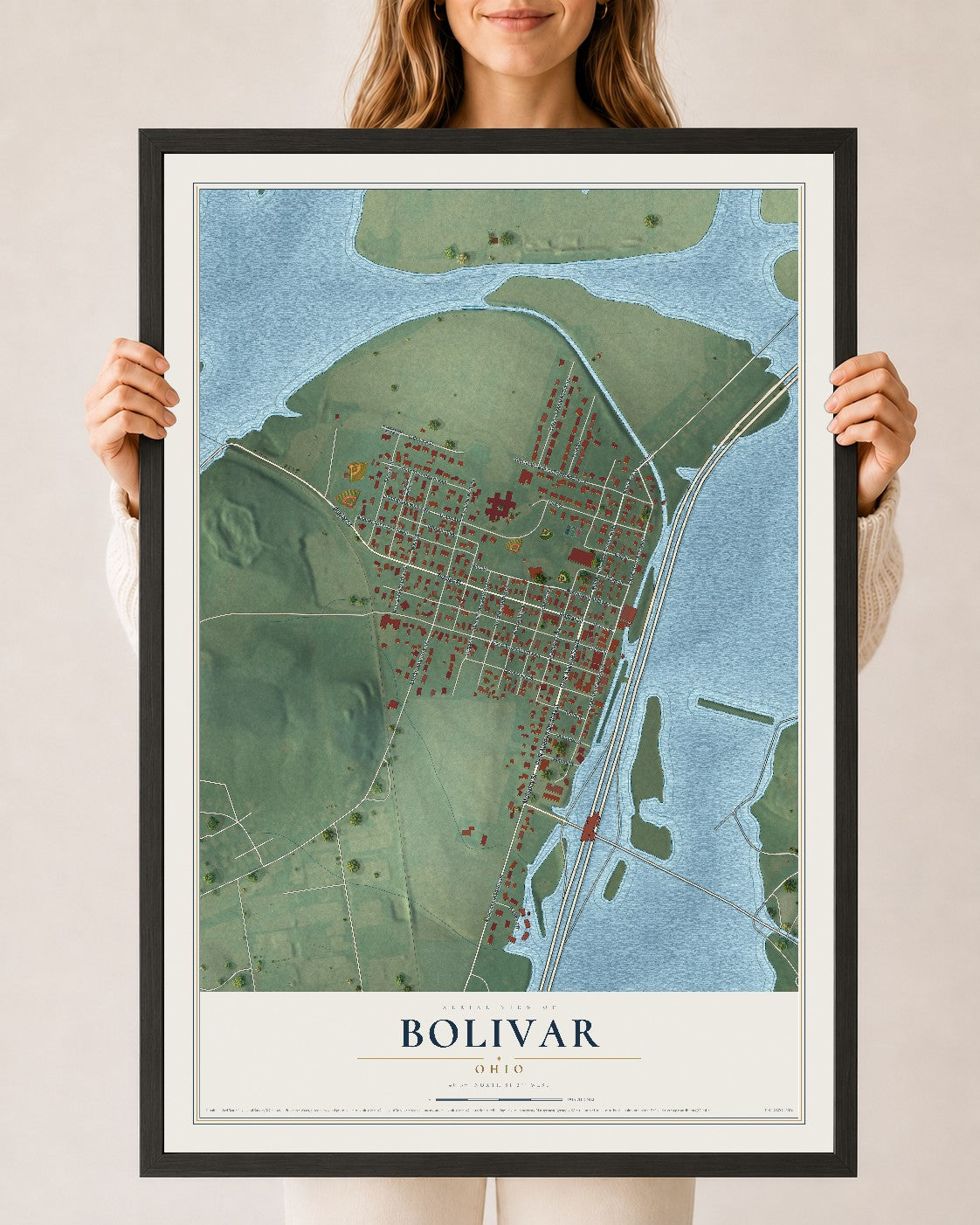Map of Bolivar, Ohio, 24 x 36 inch print in a black wood frame