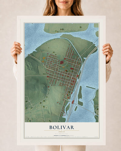 Map of Bolivar, Ohio, 24 x 36 inch print in a white wood frame