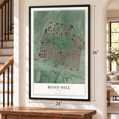 Bond Hill, Ohio map, 24 x 36 inch print in a black frame by a staircase