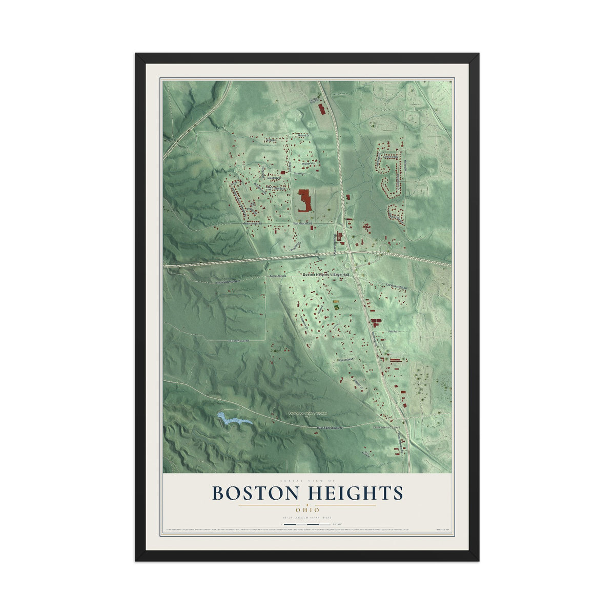 Map of Boston Heights, Ohio, 12 x 18 inch print in a black wood frame