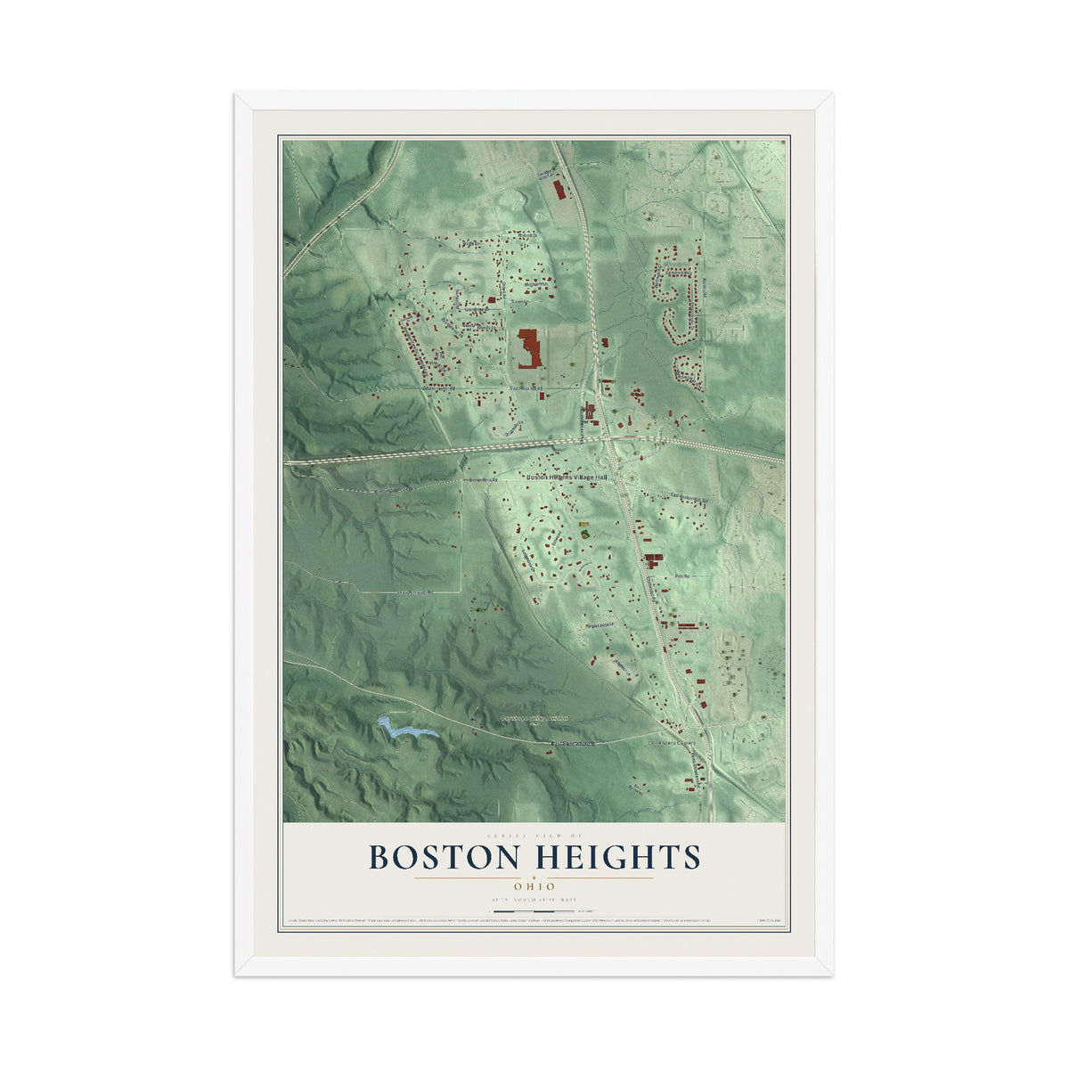 Map of Boston Heights, Ohio, 12 x 18 inch print in a white wood frame