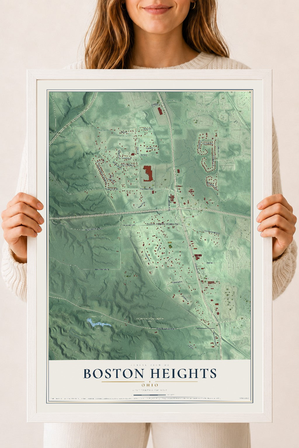 Map of Boston Heights, Ohio, 18 x 24 inch print in a white wood frame