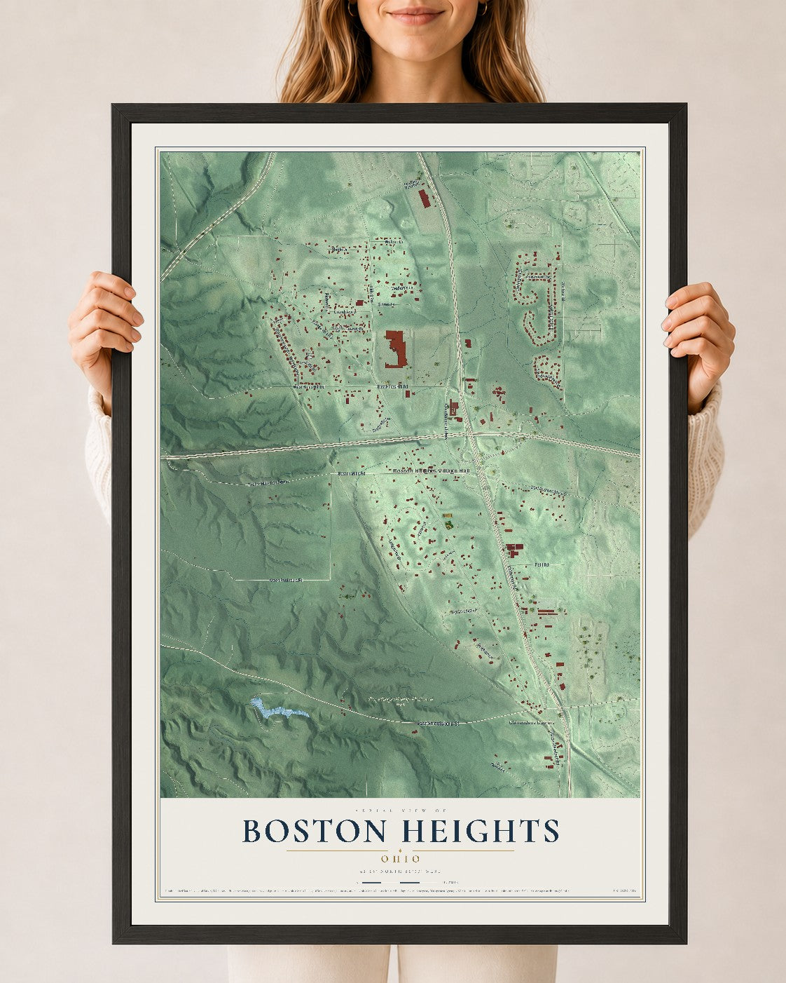 Map of Boston Heights, Ohio, 24 x 36 inch print in a black wood frame