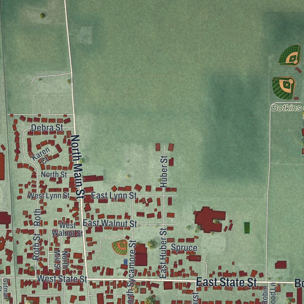 Close-up of the map of Botkins, Ohio print showing street and building detail