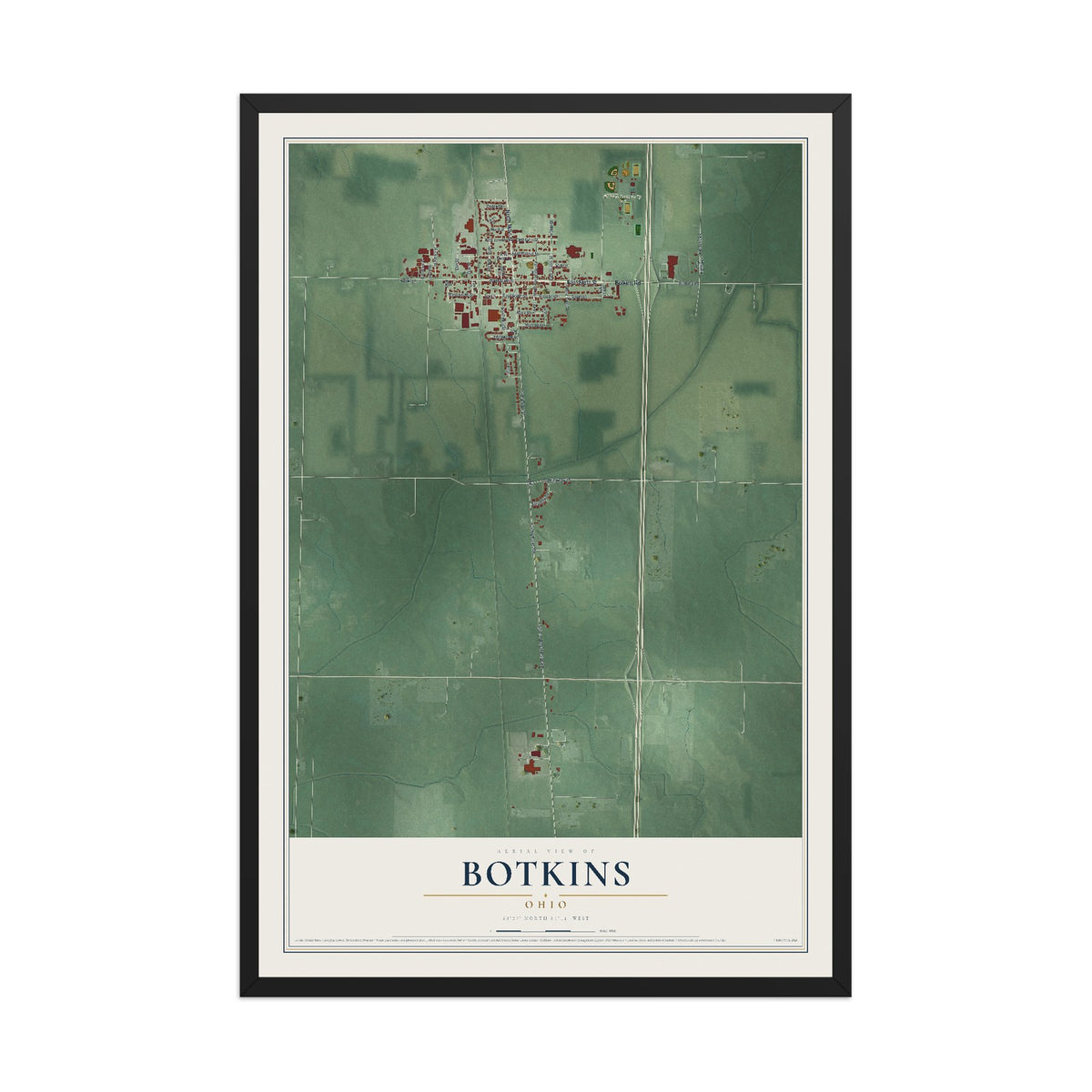 Map of Botkins, Ohio, 12 x 18 inch print in a black wood frame