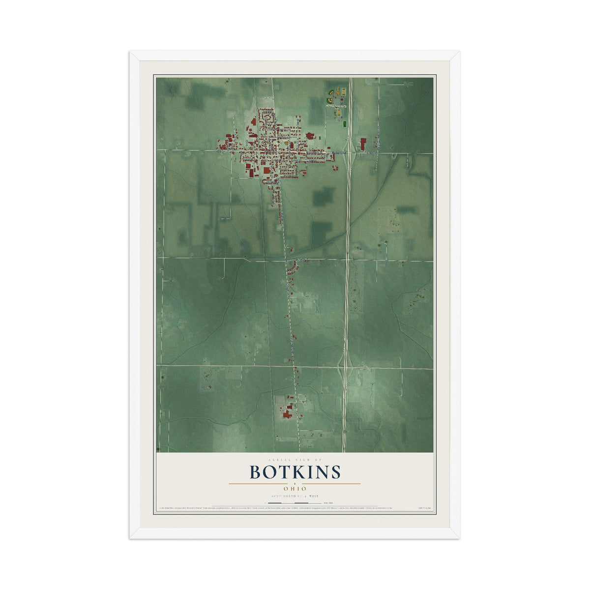 Map of Botkins, Ohio, 12 x 18 inch print in a white wood frame