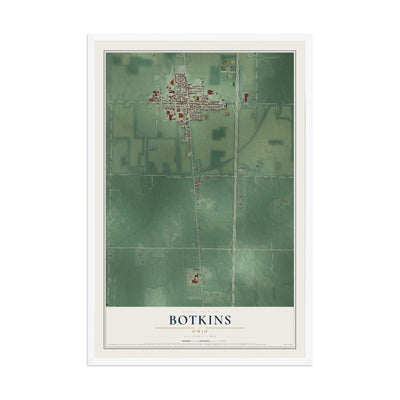 Map of Botkins, Ohio, 12 x 18 inch print in a white wood frame