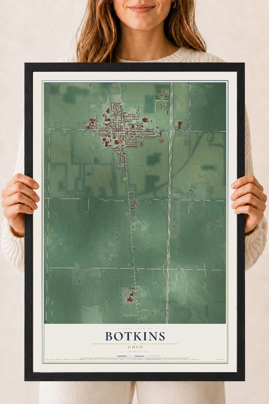 Map of Botkins, Ohio, 18 x 24 inch print in a black wood frame