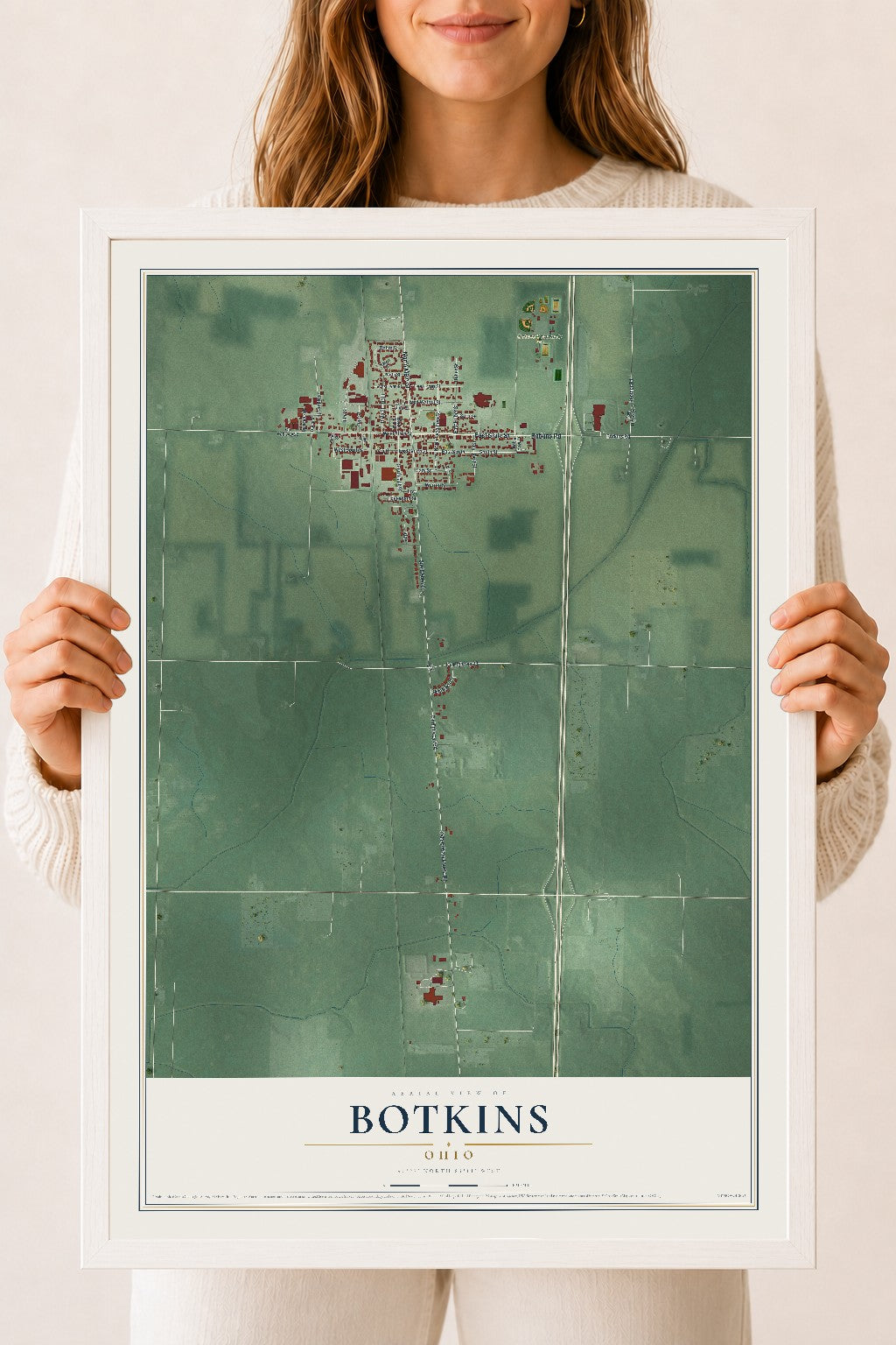 Map of Botkins, Ohio, 18 x 24 inch print in a white wood frame