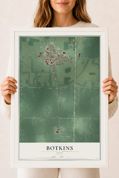 Map of Botkins, Ohio, 18 x 24 inch print in a white wood frame