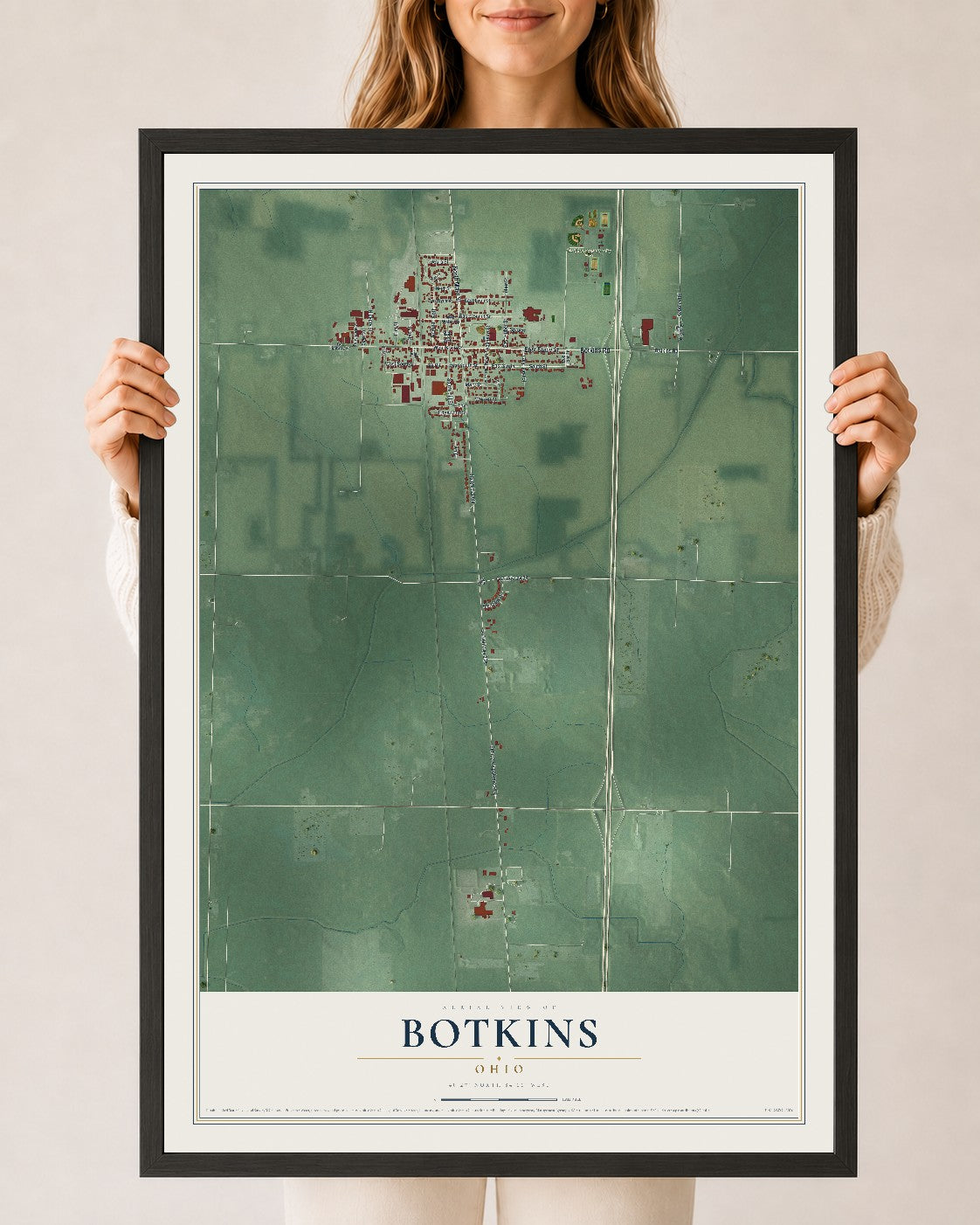 Map of Botkins, Ohio, 24 x 36 inch print in a black wood frame