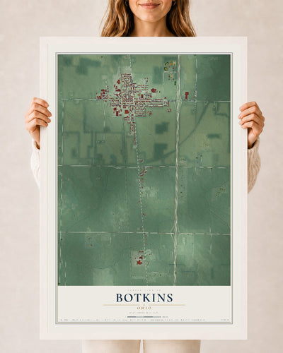 Map of Botkins, Ohio, 24 x 36 inch print in a white wood frame