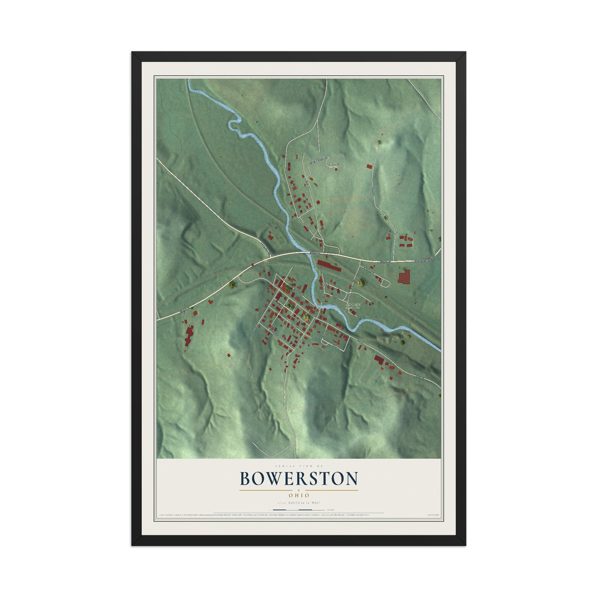 Map of Bowerston, Ohio, 12 x 18 inch print in a black wood frame