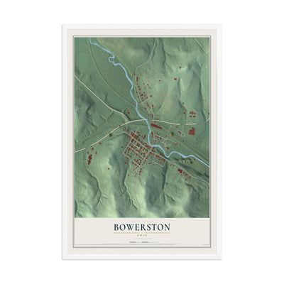 Map of Bowerston, Ohio, 12 x 18 inch print in a white wood frame