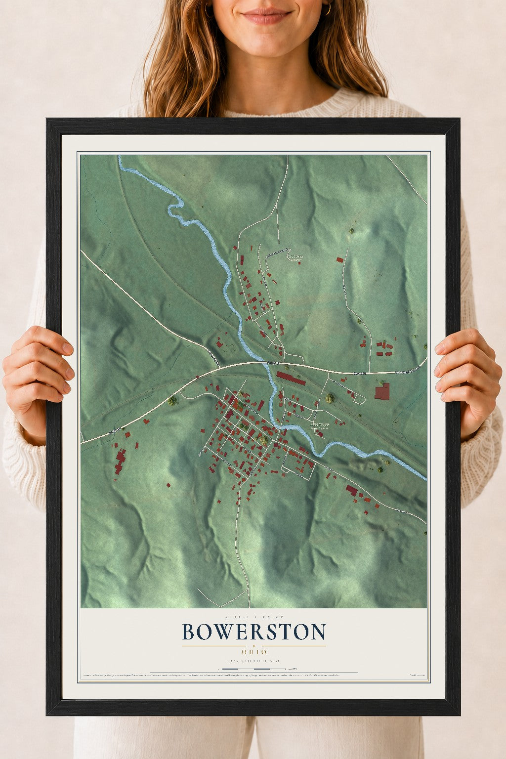 Map of Bowerston, Ohio, 18 x 24 inch print in a black wood frame