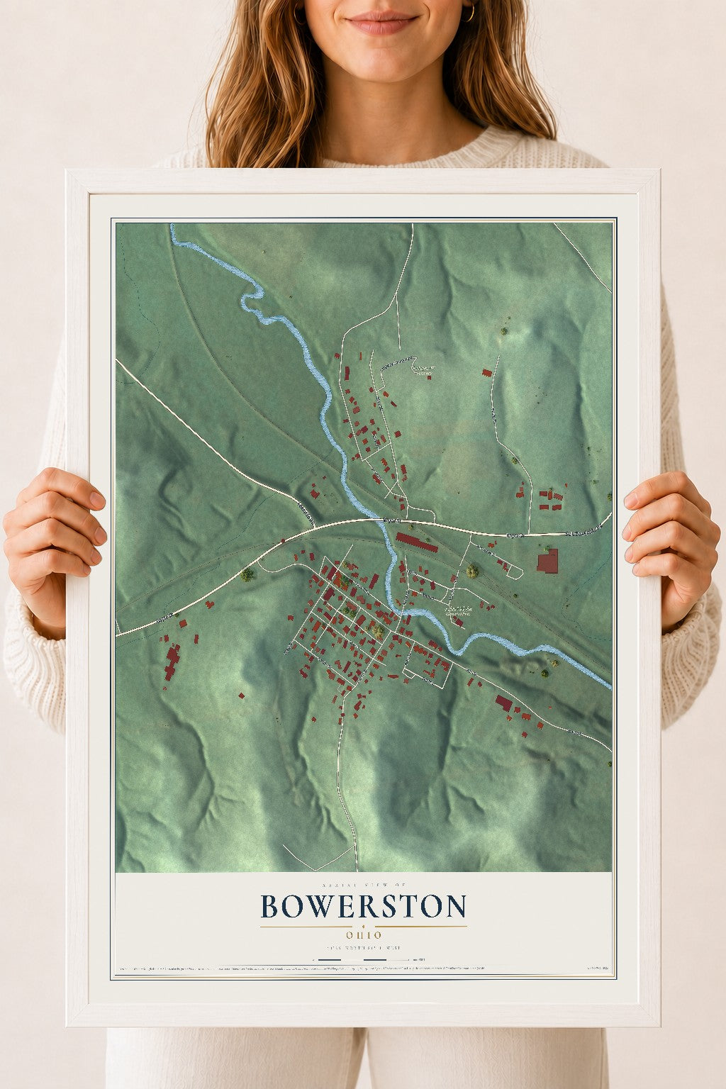 Map of Bowerston, Ohio, 18 x 24 inch print in a white wood frame