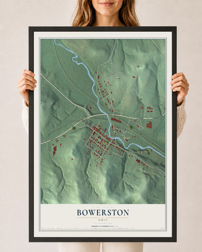Map of Bowerston, Ohio, 24 x 36 inch print in a black wood frame