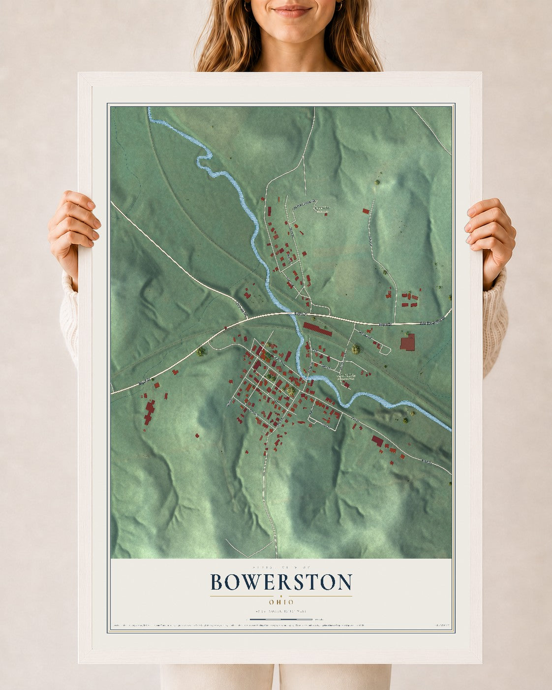 Map of Bowerston, Ohio, 24 x 36 inch print in a white wood frame