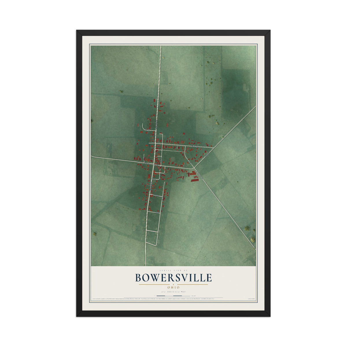 Map of Bowersville, Ohio, 12 x 18 inch print in a black wood frame