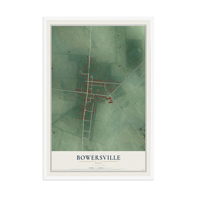 Map of Bowersville, Ohio, 12 x 18 inch print in a white wood frame