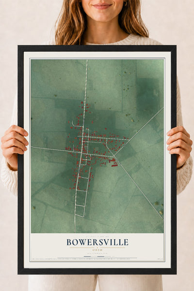 Map of Bowersville, Ohio, 18 x 24 inch print in a black wood frame