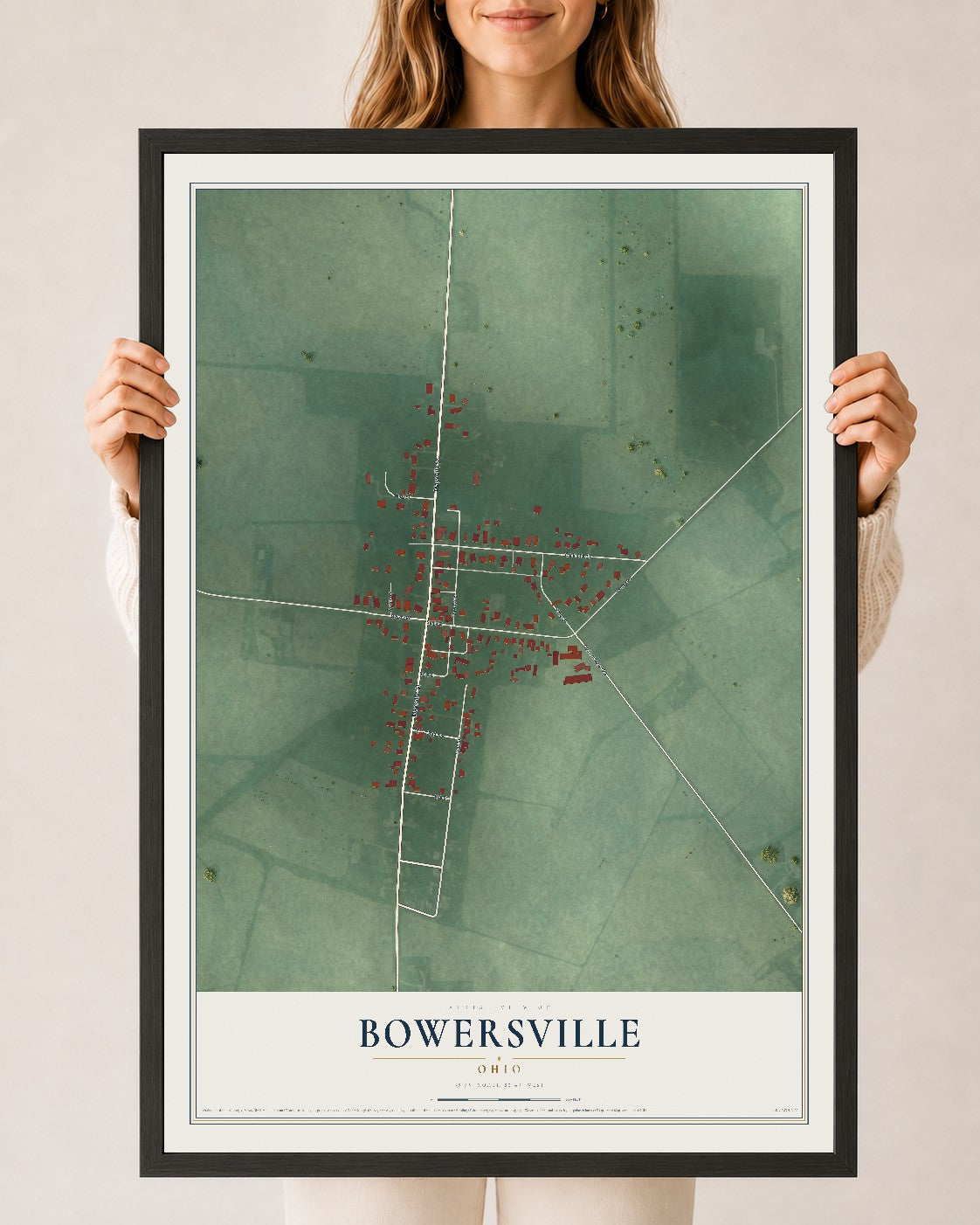 Map of Bowersville, Ohio, 24 x 36 inch print in a black wood frame