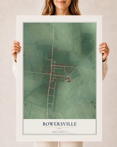 Map of Bowersville, Ohio, 24 x 36 inch print in a white wood frame
