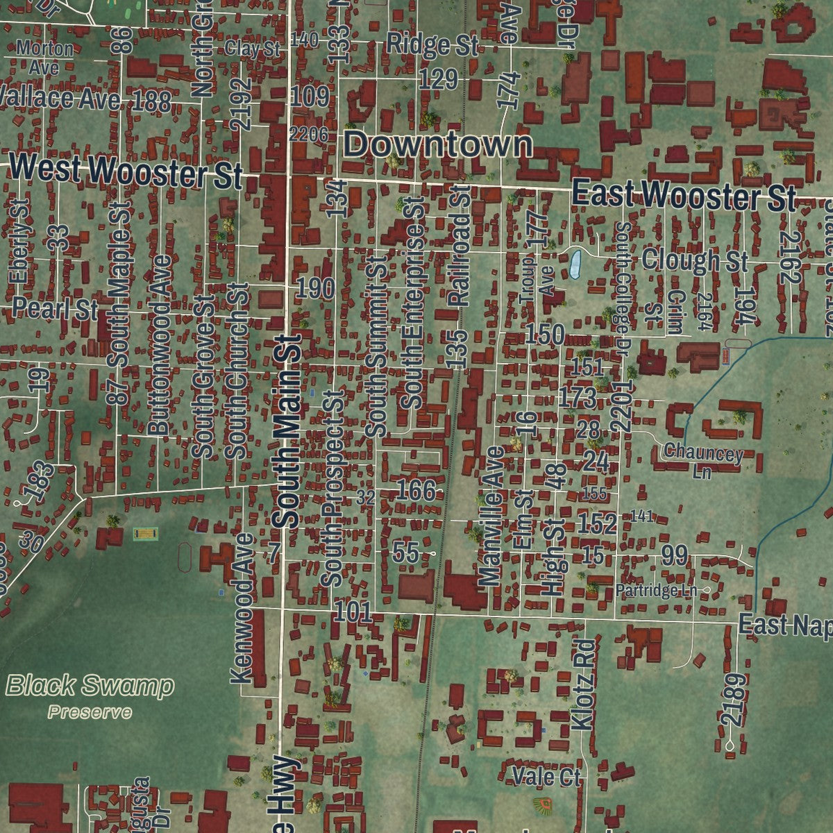 Close-up of the map of Bowling Green, Ohio print showing street and building detail