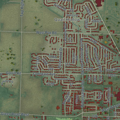 Second close-up of the map of Bowling Green, Ohio print showing more streets and buildings