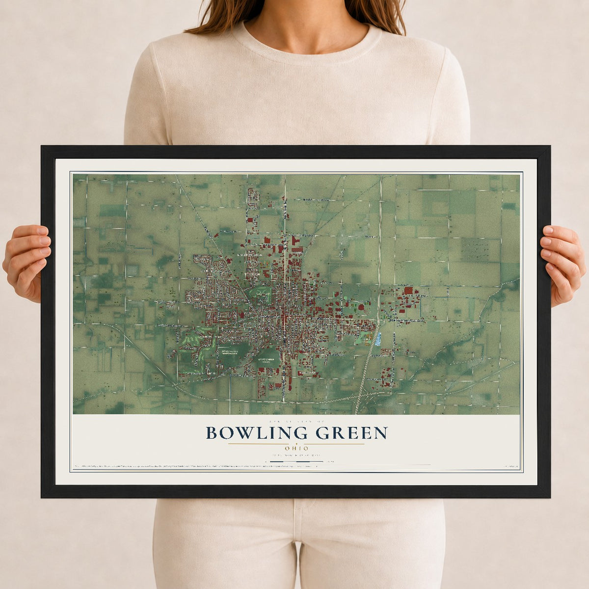 Map of Bowling Green, Ohio, 12 x 18 inch print in a black wood frame