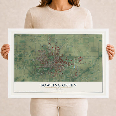 Map of Bowling Green, Ohio, 12 x 18 inch print in a white wood frame