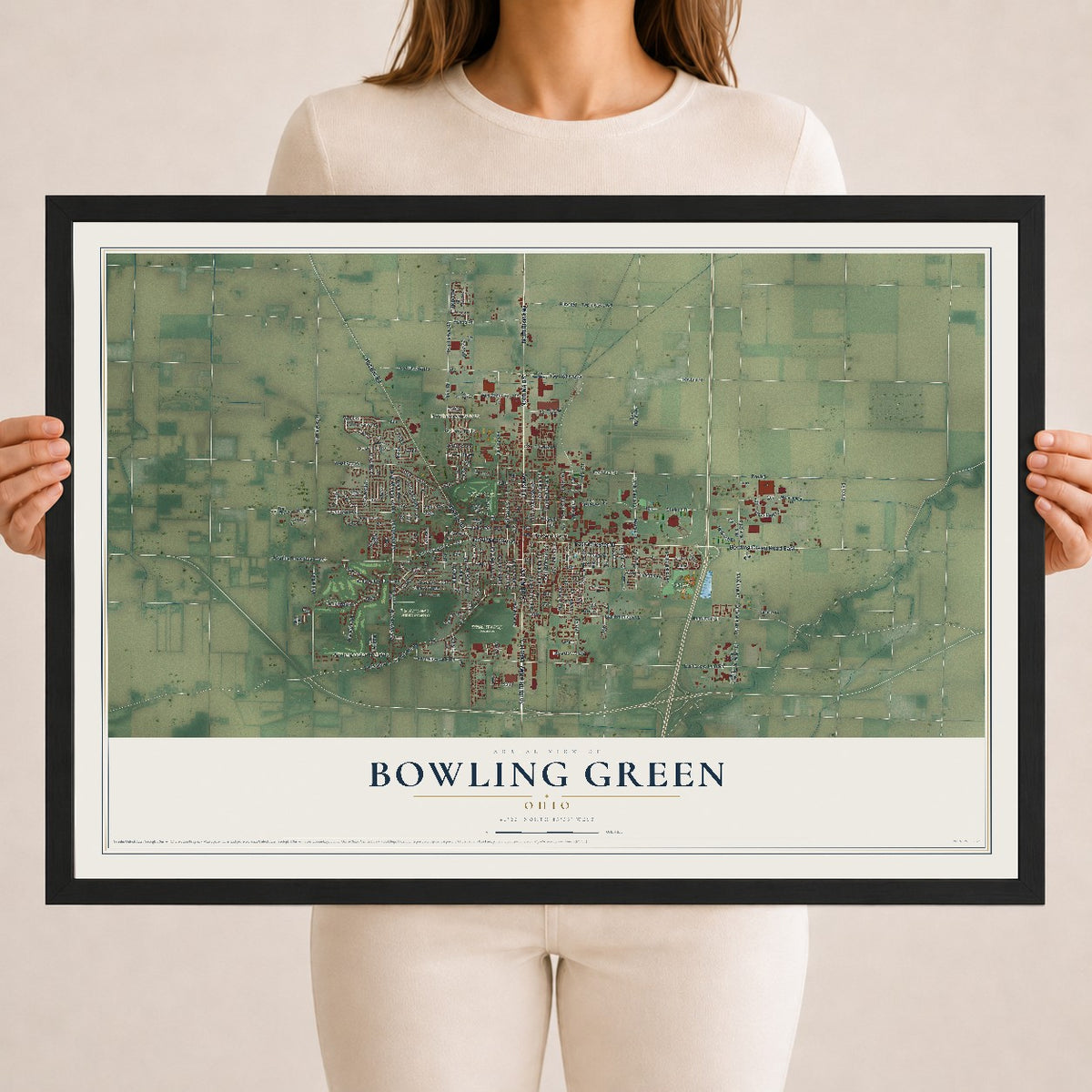 Map of Bowling Green, Ohio, 18 x 24 inch print in a black wood frame