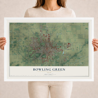 Map of Bowling Green, Ohio, 18 x 24 inch print in a white wood frame