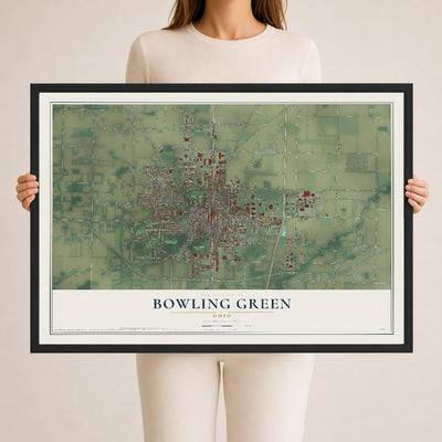 Map of Bowling Green, Ohio, 24 x 36 inch print in a black wood frame