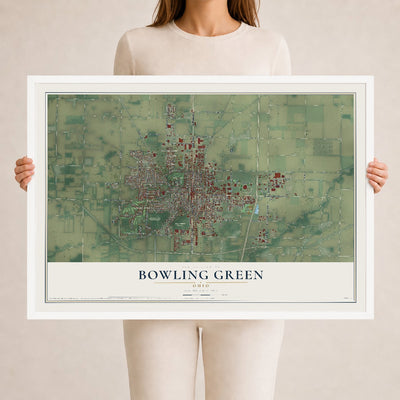 Map of Bowling Green, Ohio, 24 x 36 inch print in a white wood frame