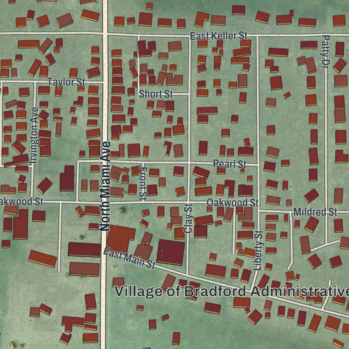 Close-up of the map of Bradford, Ohio print showing street and building detail
